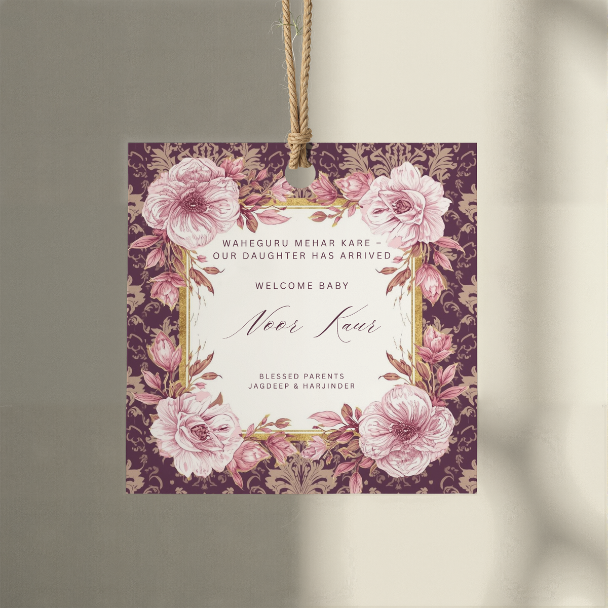 Sikh baby arrival gift tag with Waheguru Mehar Kare blessing plum gold damask pink peonies and baby name in script — editable Canva template any square size