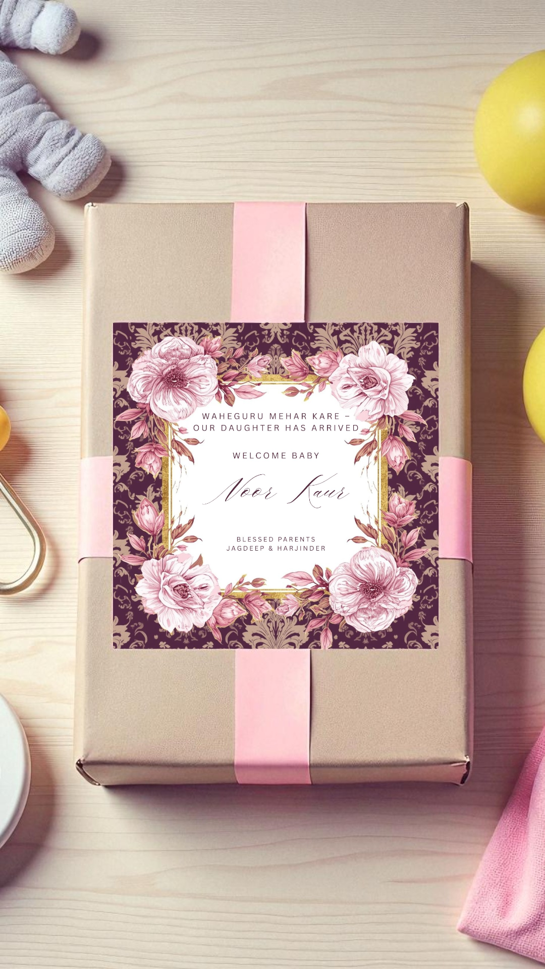 Sikh new baby mithai box stickers in plum gold on Indian sweet boxes — Punjabi baby announcement gift tag editable Canva template digital download