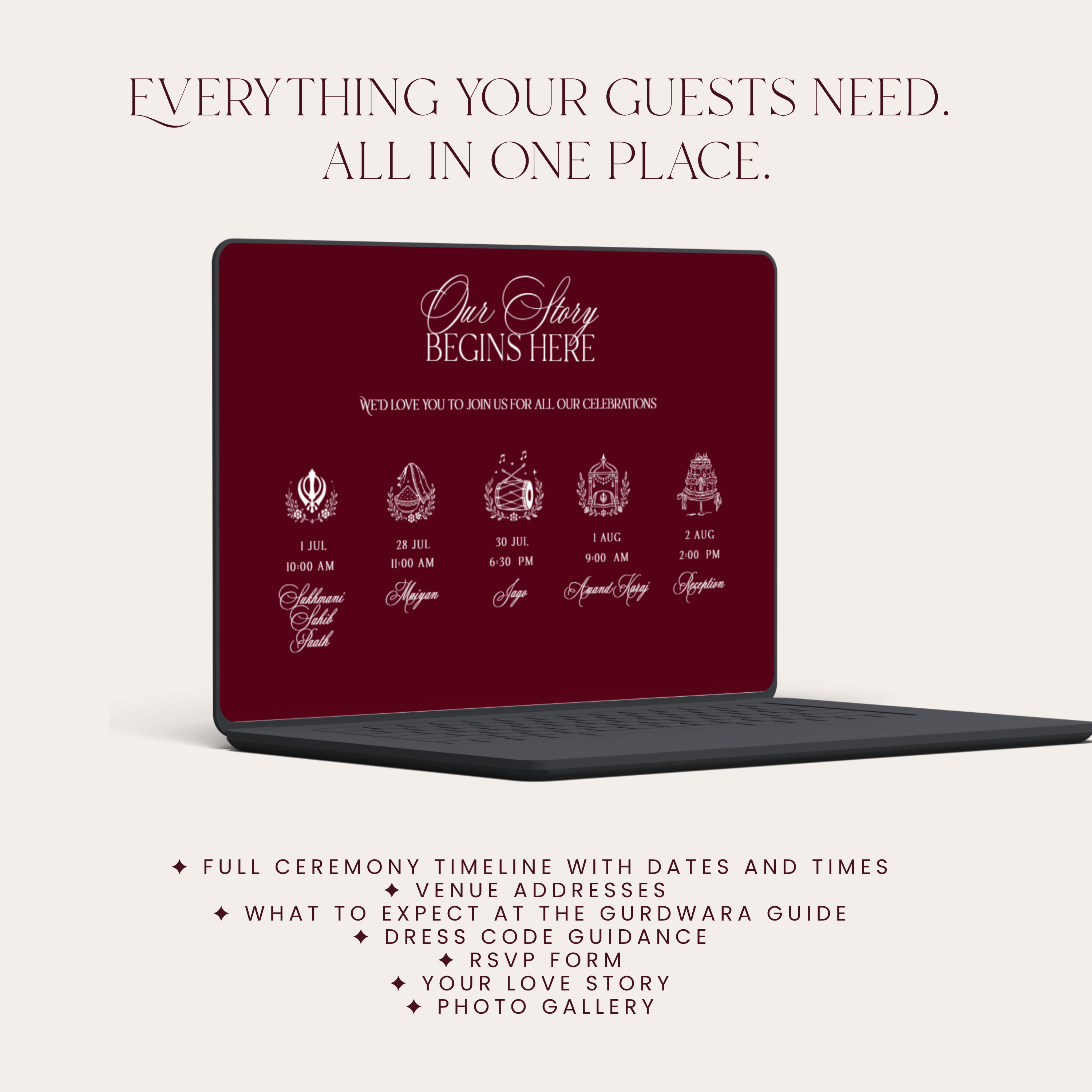Sikh wedding website template features — 8 sections including ceremony timeline venue addresses Gurdwara guide RSVP and love story — editable Canva instant download