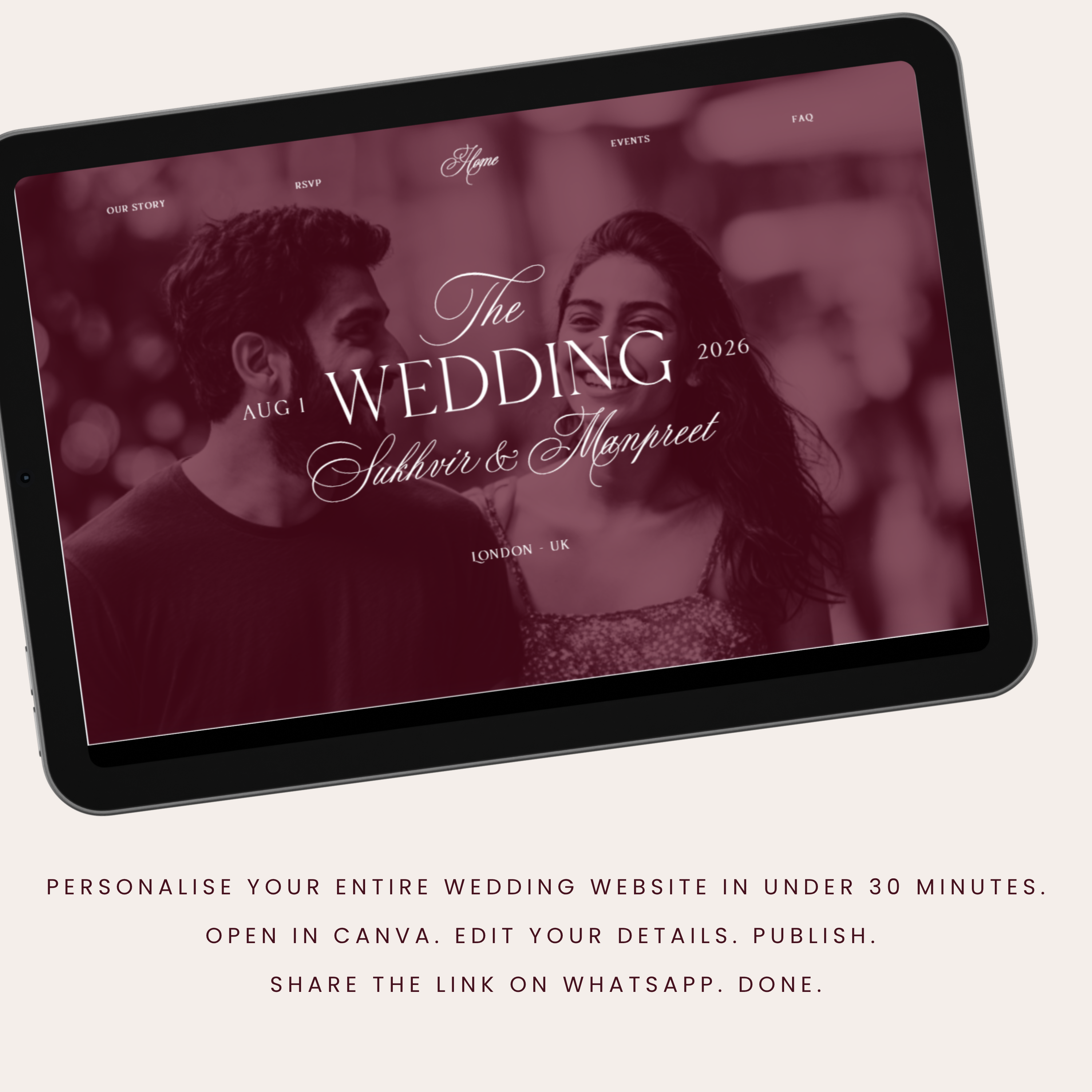 Sikh wedding website and invitation suite bundle — navy burgundy Canva template matching wedding stationery set editable instant digital download