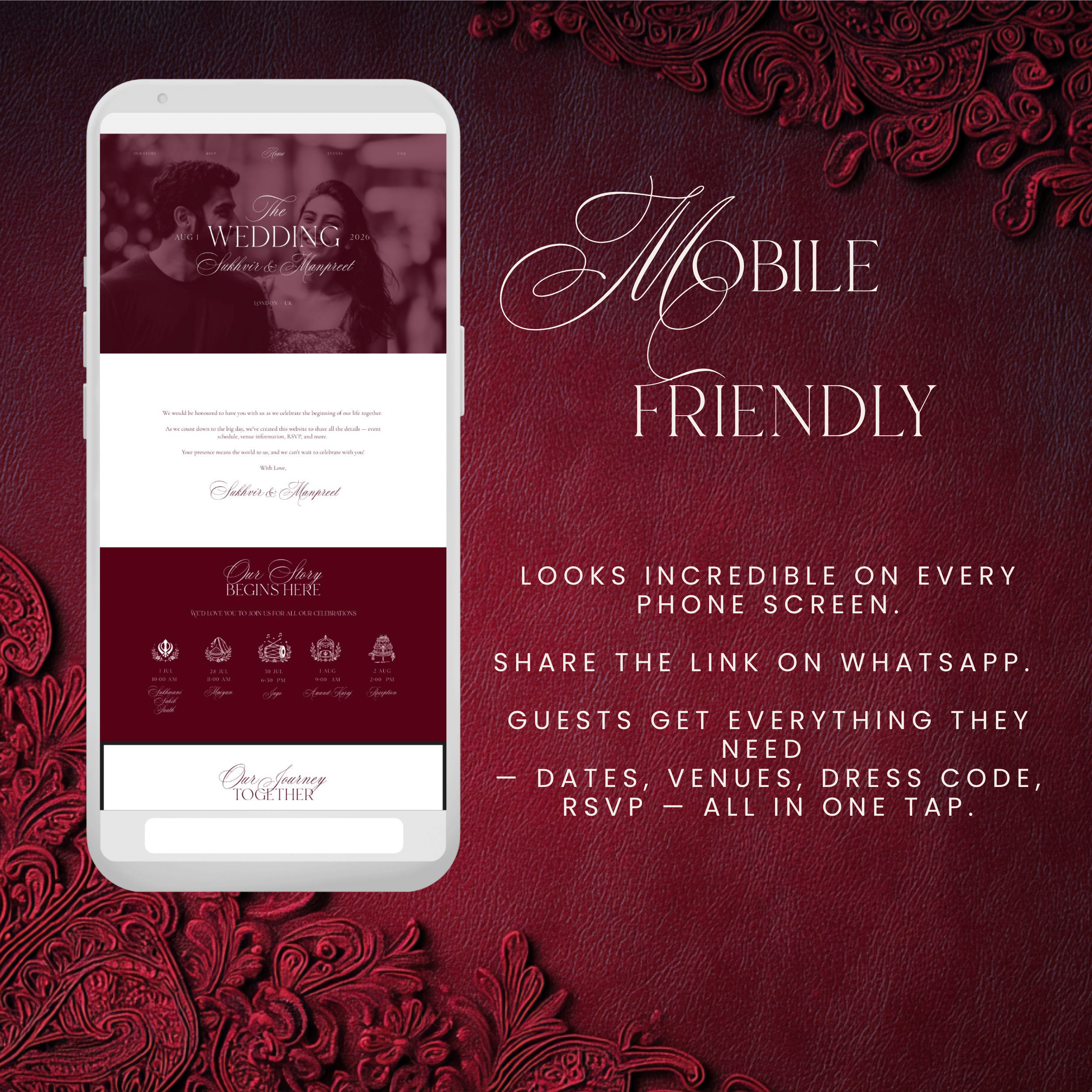 Sikh wedding website template displayed on iPhone mobile screen — WhatsApp-ready Punjabi Indian wedding Canva template share via link instant download
