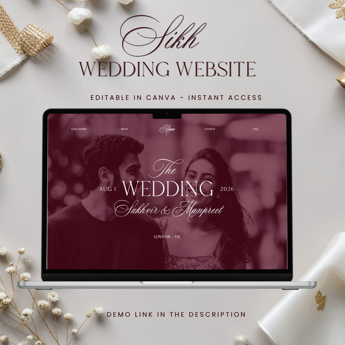 Sikh wedding website template on laptop showing full page with burgundy colour scheme ceremony timeline and venue cards — editable Canva template instant download