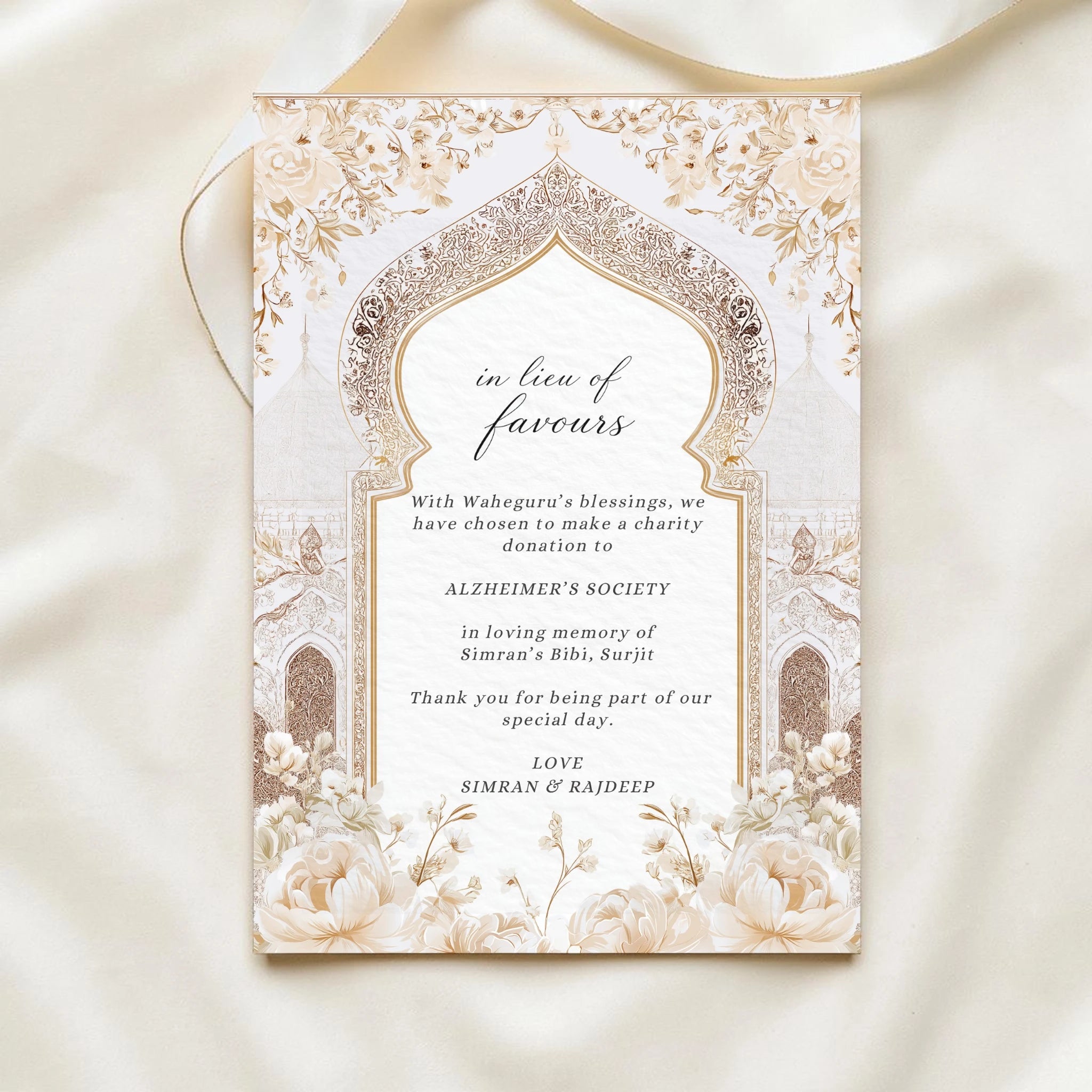 Personalised in lieu of favours thank you card. Clean white script design, custom charity name, memorial wording, couple names and date. Hammered textured card. Krafty Kaur.