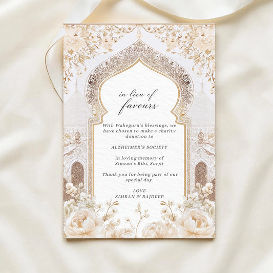Personalised in lieu of favours thank you card. Clean white script design, custom charity name, memorial wording, couple names and date. Hammered textured card. Krafty Kaur.