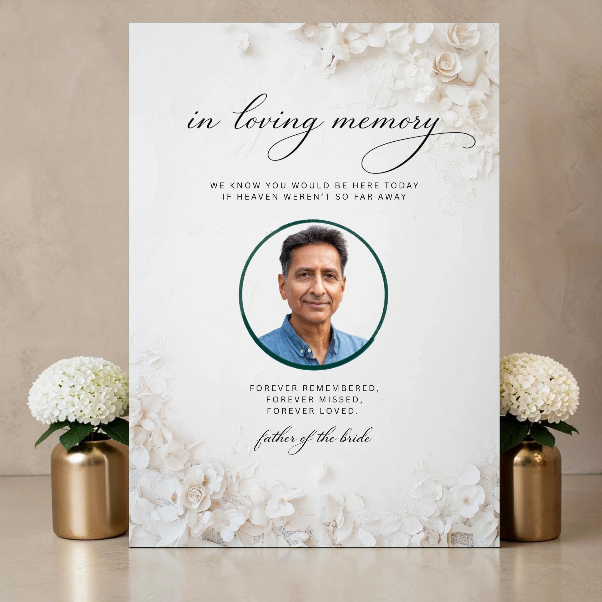 Close-up of wedding memorial sign showing circular photo frame with We Know You Would Be Here Today If Heaven Weren't So Far Away quote and Forever Remembered Forever Missed Forever Loved verse