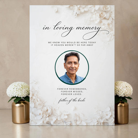 Close-up of wedding memorial sign showing circular photo frame with We Know You Would Be Here Today If Heaven Weren't So Far Away quote and Forever Remembered Forever Missed Forever Loved verse