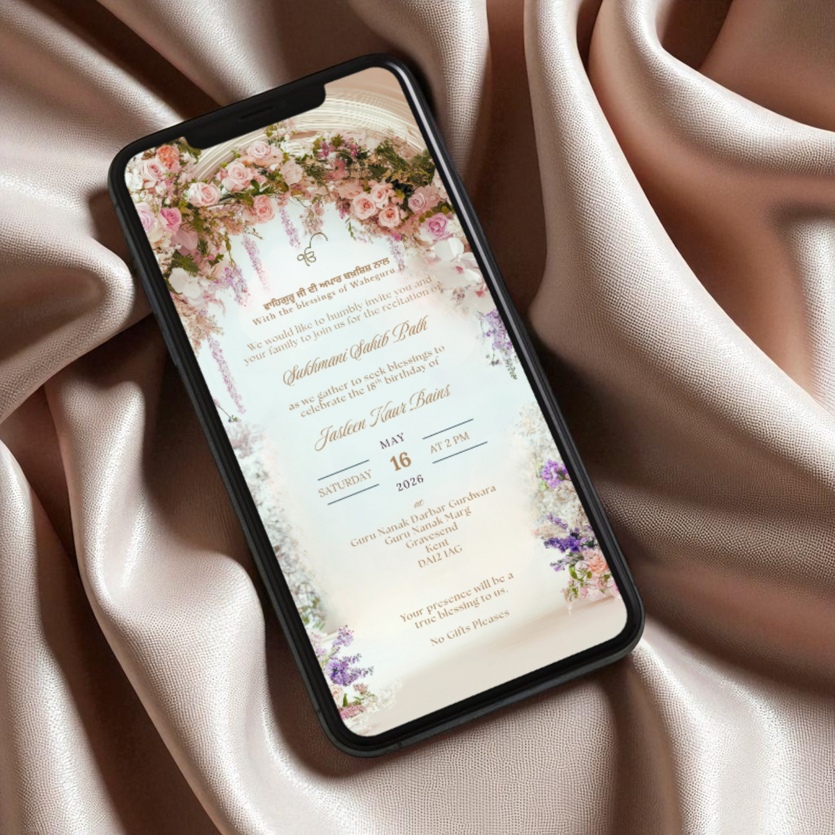 Floral Arched Sukhmani Sahib Paath Invitation - Perfect for 16th, 18th or 21st Birthday