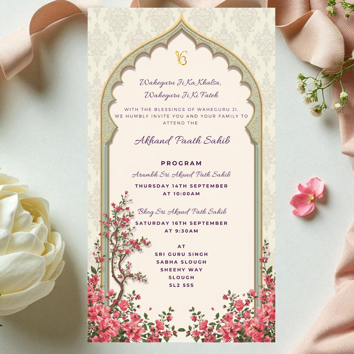 Floral Blossom Arch Akhand Paath Sahib Invitation | Digital | Mobile Invitation