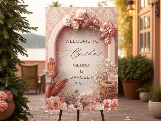 Luxury Pink Floral Welcome Sign | Mehndi, Sangeet & Indian Wedding Board, Digital