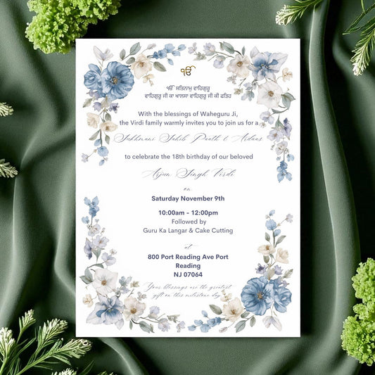 Blue Floral Sukhmani Sahib Invitation | Sikh Paath & Birthday Celebration Card