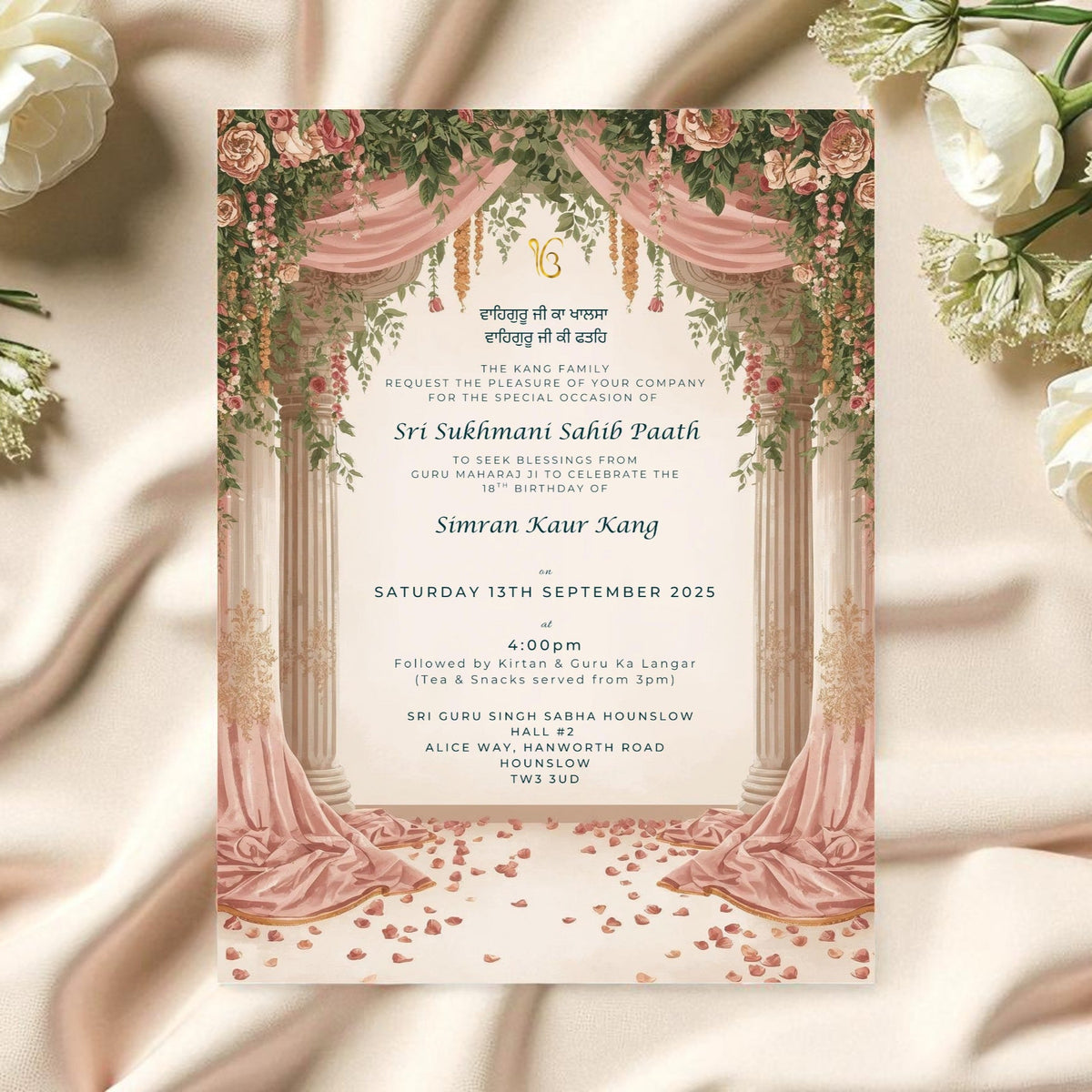 Blush Pink Floral Arch Sukhmani Sahib Invitation | Elegant Sikh Ceremony Card