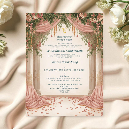 Blush Pink Floral Arch Sukhmani Sahib Invitation | Elegant Sikh Ceremony Card