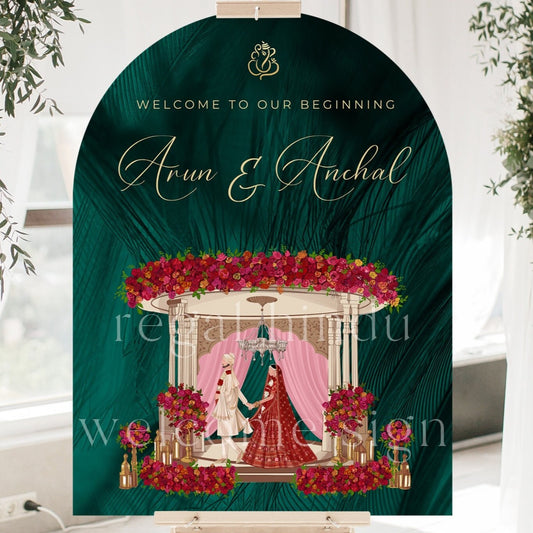 Personalised emerald green arch Hindu wedding welcome sign with gold Ganesh emblem and mandap couple illustration on foamex board