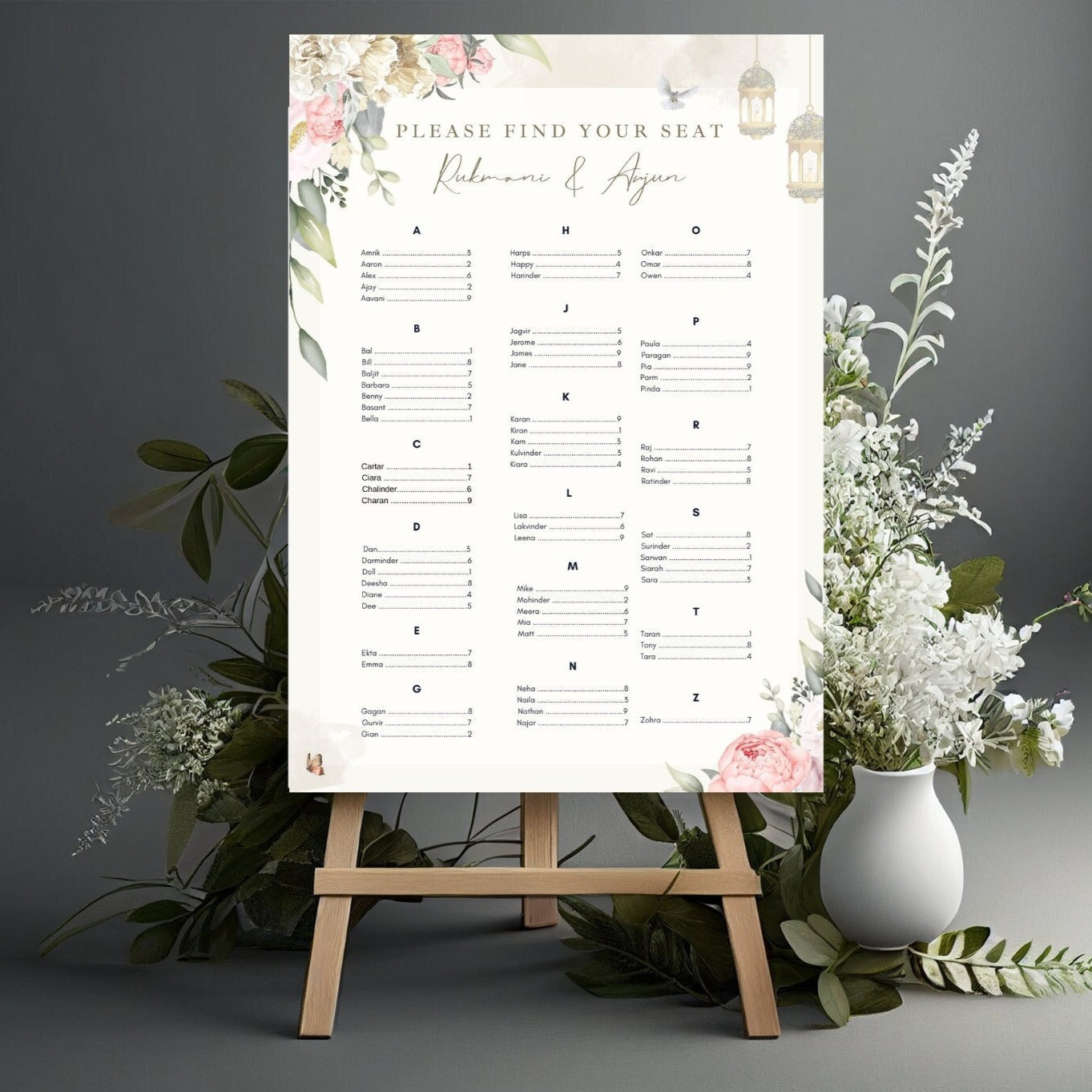 Indian wedding reception seating plan sign with guest names and table numbers