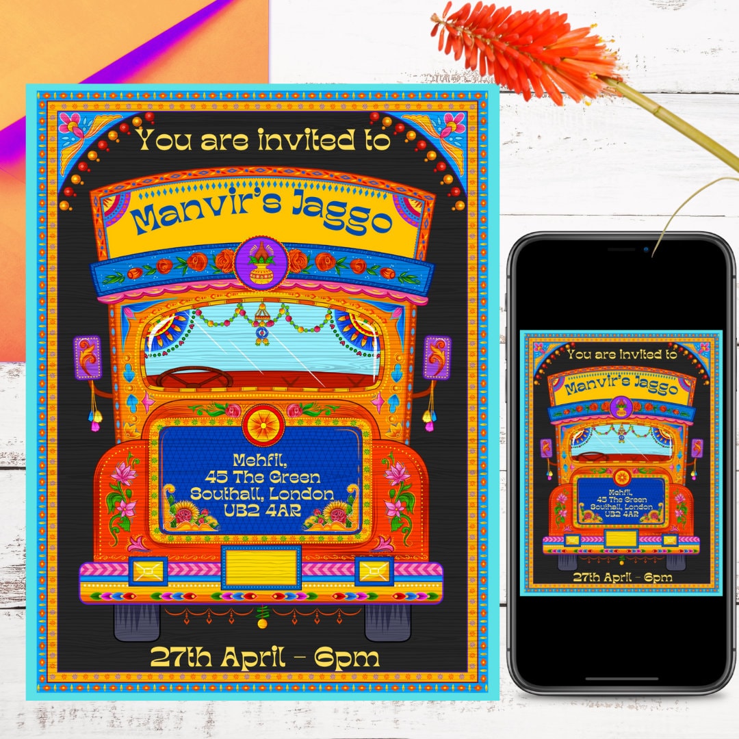 Retro Indian Wedding Invitation - Truck Art - Jagoo Sangeet Night - Digital Invitation