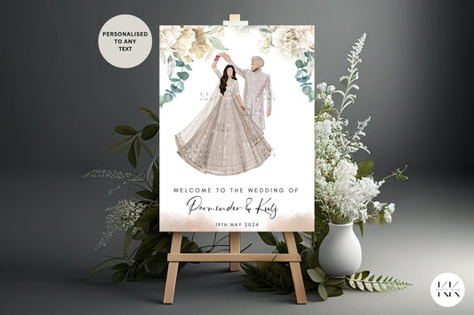 Sikh Wedding Welcome Sign with Couple Illustration | Punjabi Wedding Signs | Digital
