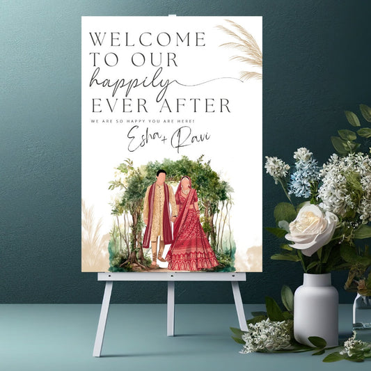 Indian Wedding Welcome Sign with Couple Illustration | Hindu Wedding Signs | Printed