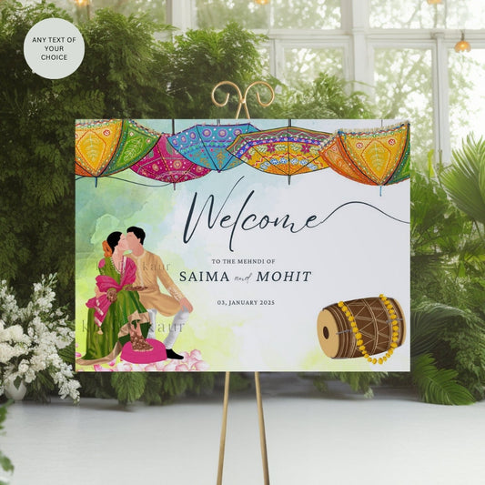 Mehndi Wedding Welcome Sign - Indian Bride Groom Couple Illustration - Sikh Punjabi Gujrati Hindu Muslim Wedding Sign, Printed on Foamex